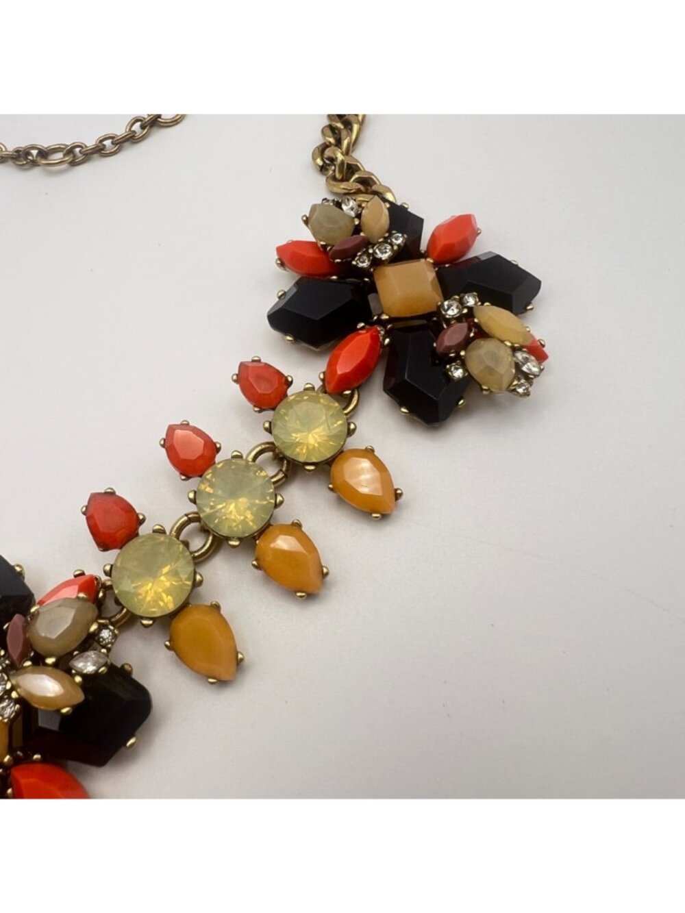 J Crew Statement Necklace Orange Black Yellow Floral Design 15+3" Gold Tone - Picture 5 of 11